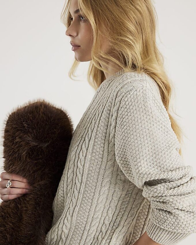 Cream Slim Fit Cable Knit Jumper