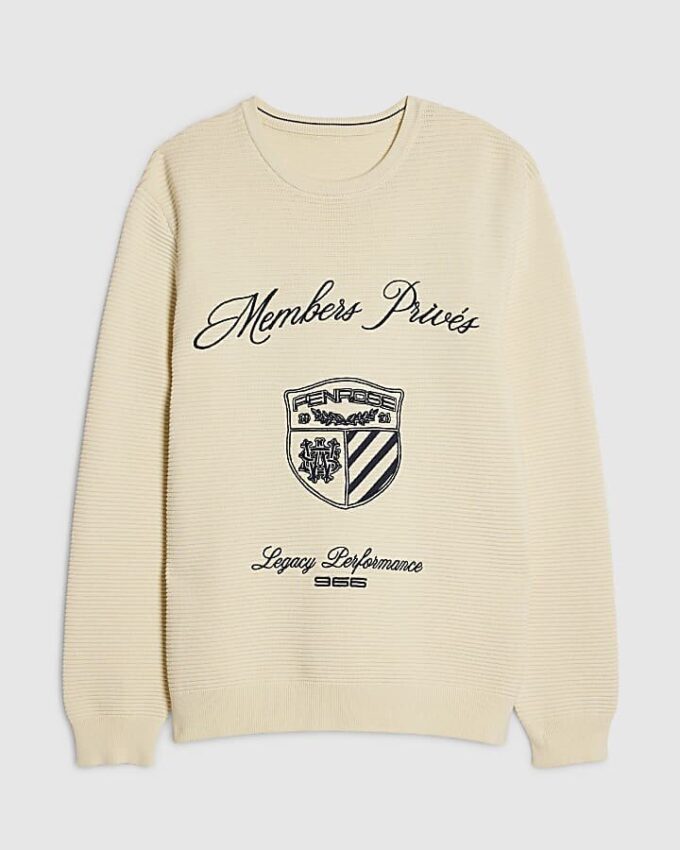 Cream Slim Fit Embroidered Jumper