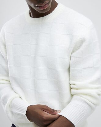 Cream Slim Fit Knitted Check Jumper