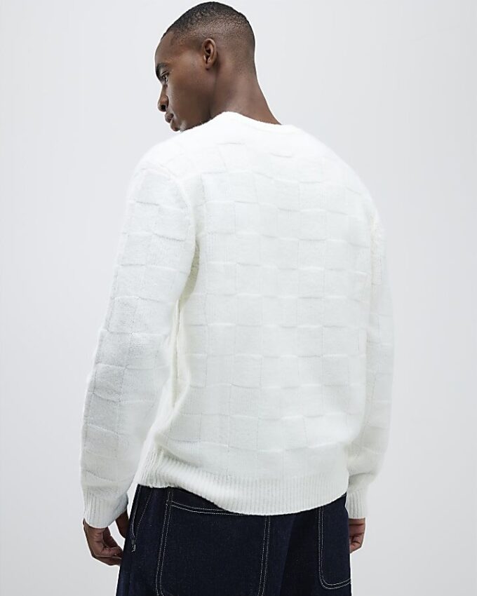 Cream Slim Fit Knitted Check Jumper