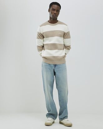 Cream Slim Fit Stripe Rib Blocked Jumper