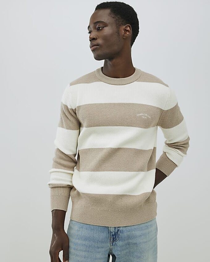 Cream Slim Fit Stripe Rib Blocked Jumper
