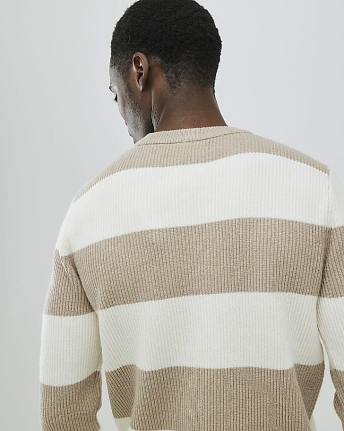 Cream Slim Fit Stripe Rib Blocked Jumper