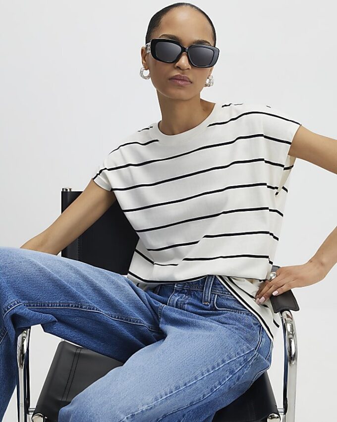 Cream Striped Grown On Sleeve T-shirt