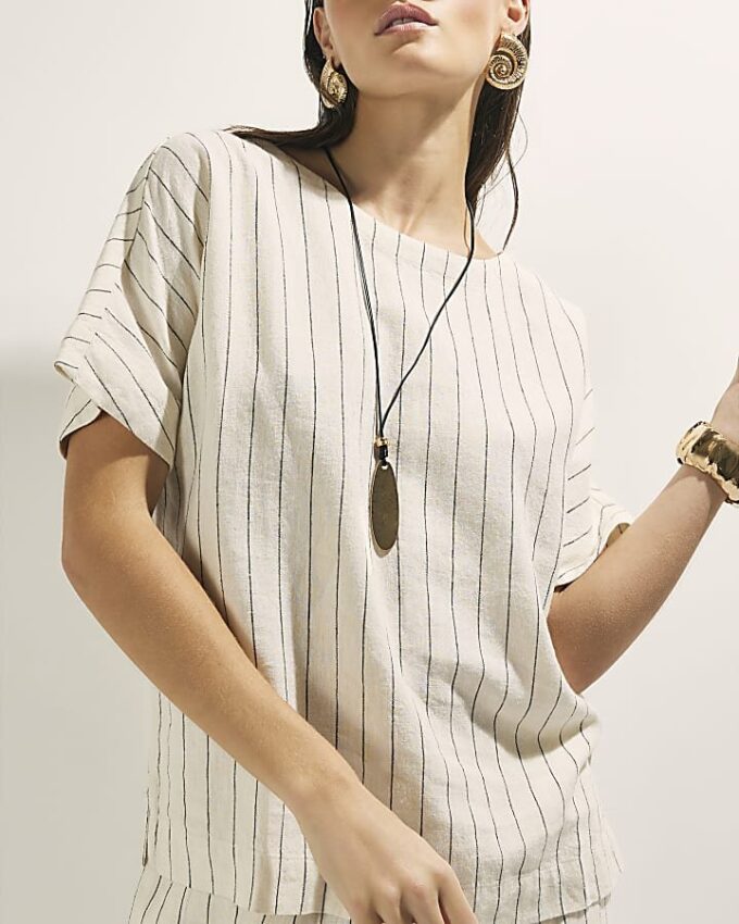 Cream Striped Linen Blend T-Shirt