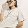 Cream Striped Linen Blend T-Shirt