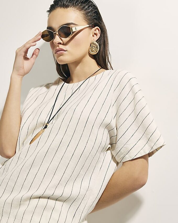 Cream Striped Linen Blend T-Shirt