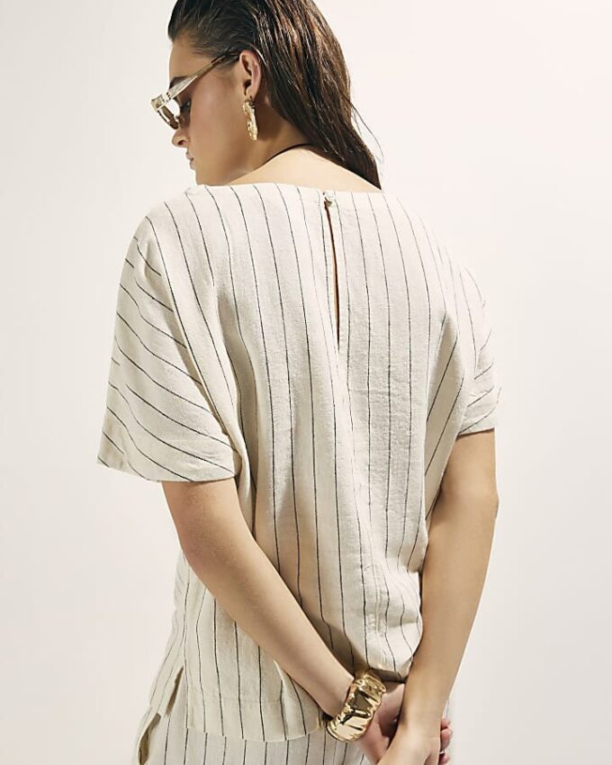Cream Striped Linen Blend T-Shirt