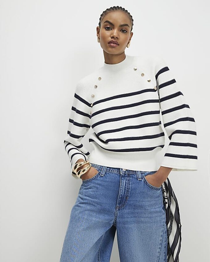 Cream Striped Ribbed Button Jumper