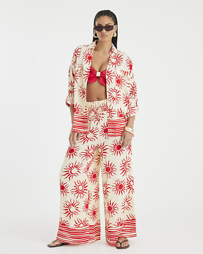 Cream Sun Print Oversized Beach Shirt
