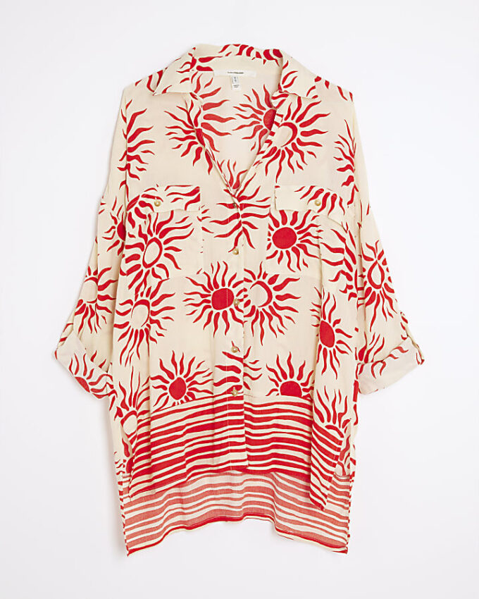 Cream Sun Print Oversized Beach Shirt