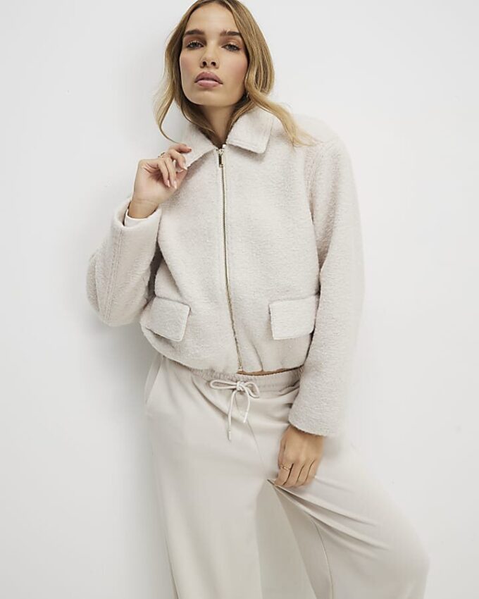 Cream Textured Harrington Zip Jacket