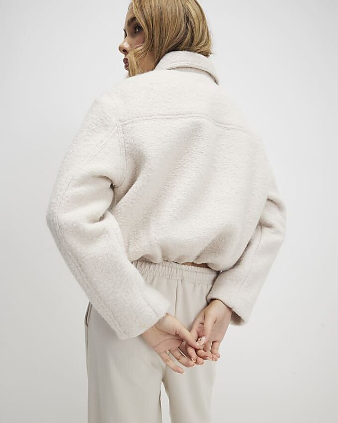 Cream Textured Harrington Zip Jacket