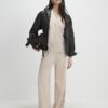 Cream Wide leg Knitted Rib Trousers