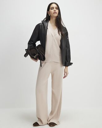 Cream Wide leg Knitted Rib Trousers