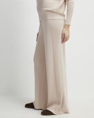 Cream Wide leg Knitted Rib Trousers