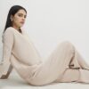 Cream Wide leg Knitted Rib Trousers
