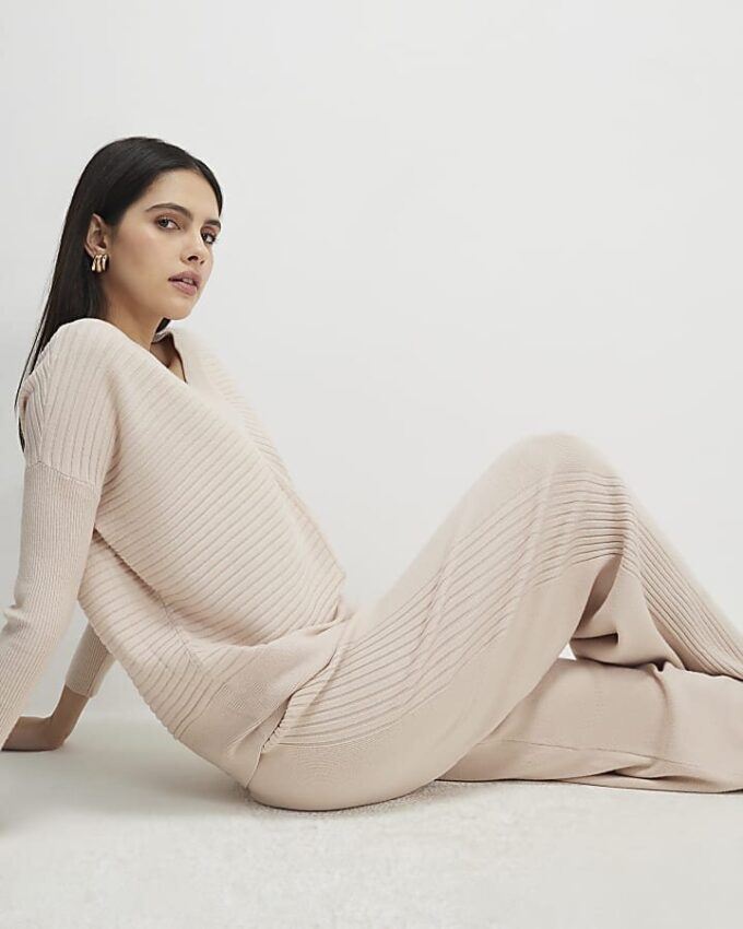 Cream Wide leg Knitted Rib Trousers
