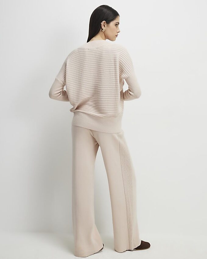 Cream Wide leg Knitted Rib Trousers