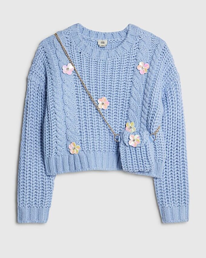 Girls Blue Knitted Flower Jumper With Bag