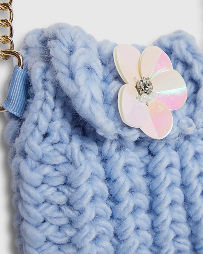 Girls Blue Knitted Flower Jumper With Bag