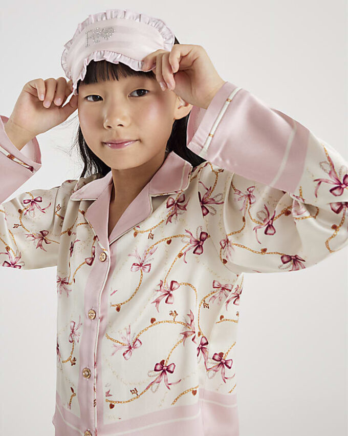 Girls Cream Bow Chain Satin Pyjamas Set