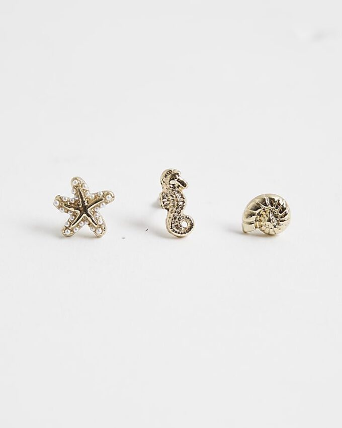 Girls Gold Sealife Pack Of 3 Stud Earrings