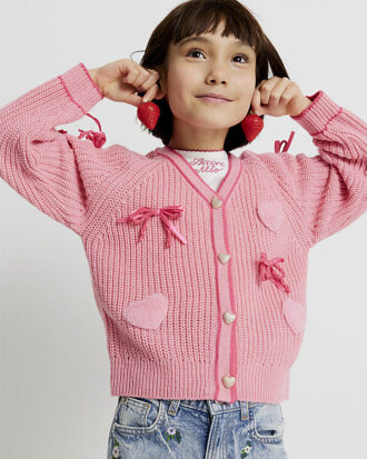 Girls Pink 3D Heart and Bows Cardigan
