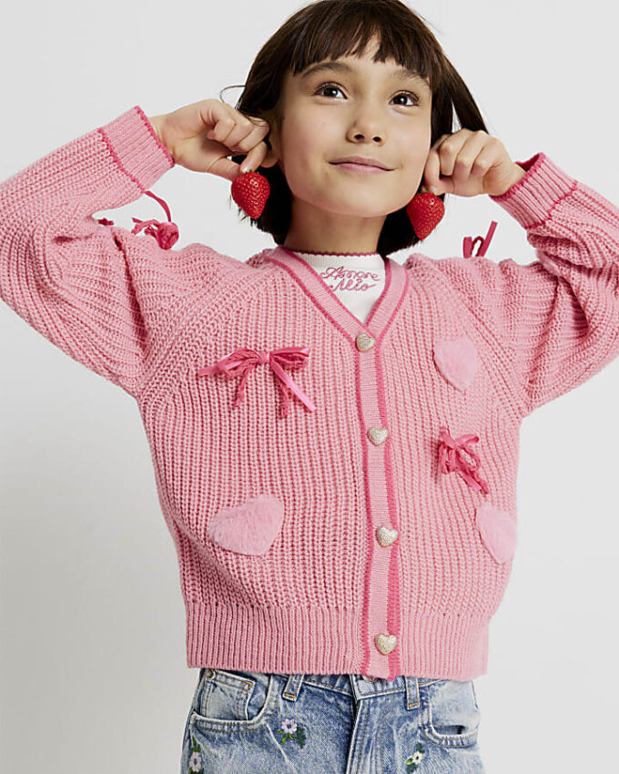 Girls Pink 3D Heart and Bows Cardigan
