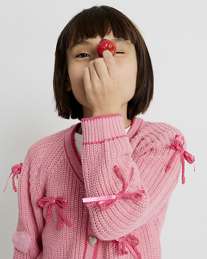 Girls Pink 3D Heart and Bows Cardigan