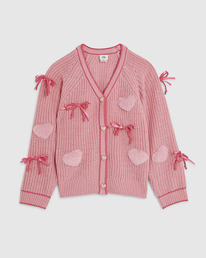 Girls Pink 3D Heart and Bows Cardigan