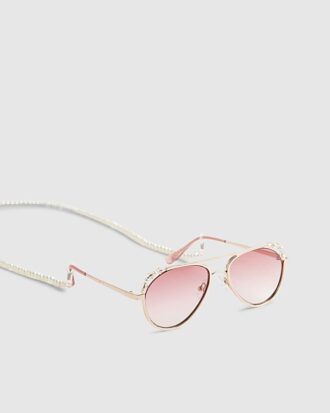 Girls Pink Aviator Sunglasses Pearl Chain