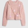Girls Pink Knitted Flower Jumper With Bag