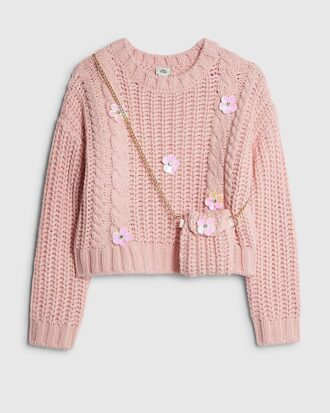 Girls Pink Knitted Flower Jumper With Bag