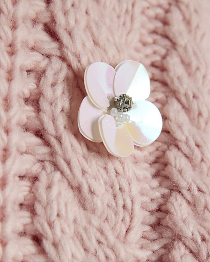 Girls Pink Knitted Flower Jumper With Bag