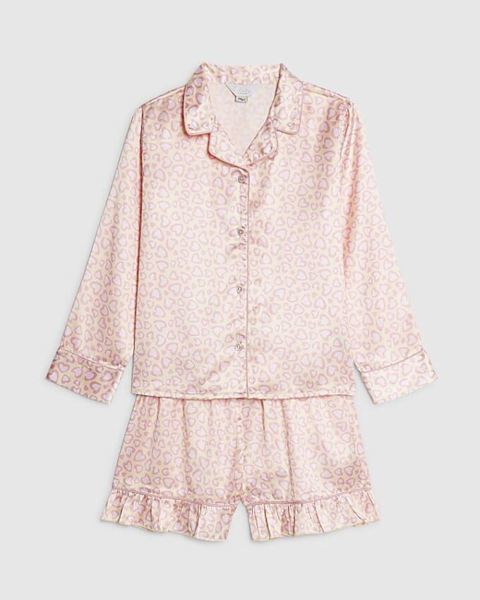 Girls Pink Leopard Satin Pyjamas Set