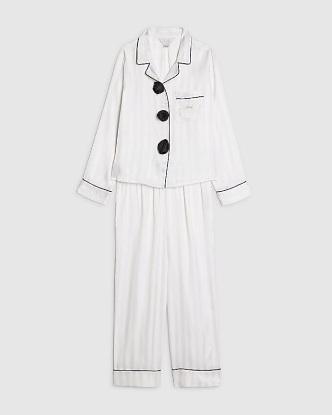 Girls White Corsage Satin Pyjamas Set