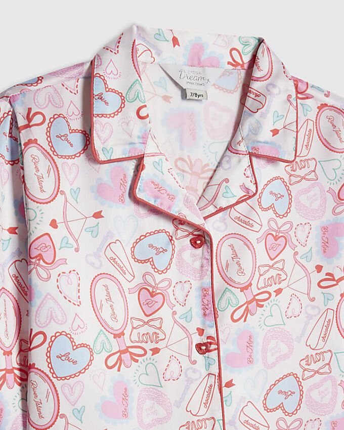 Girls White Love Heart Satin Short Pyjamas