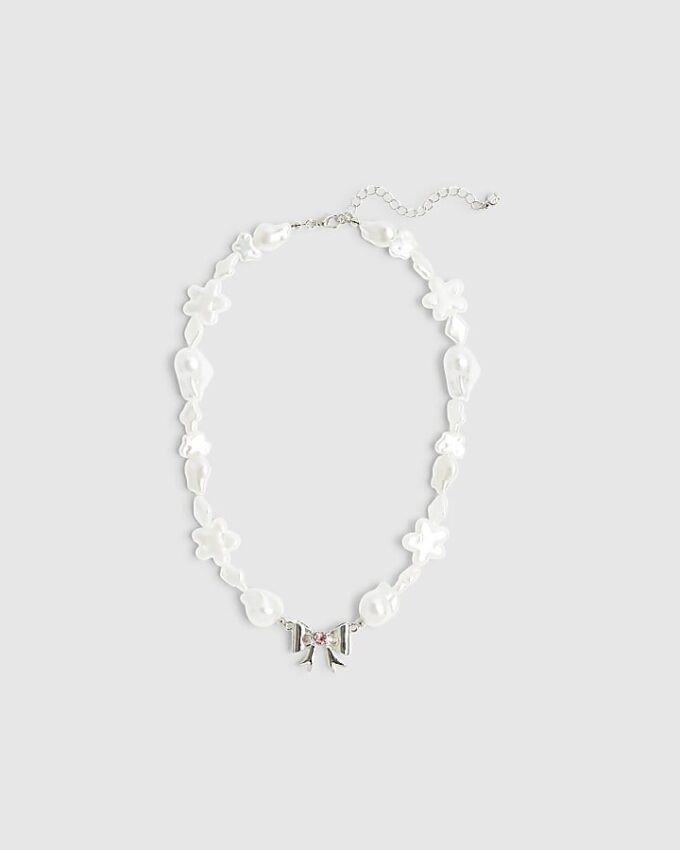 Girls White Pearl And Bow Necklace