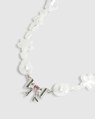 Girls White Pearl And Bow Necklace