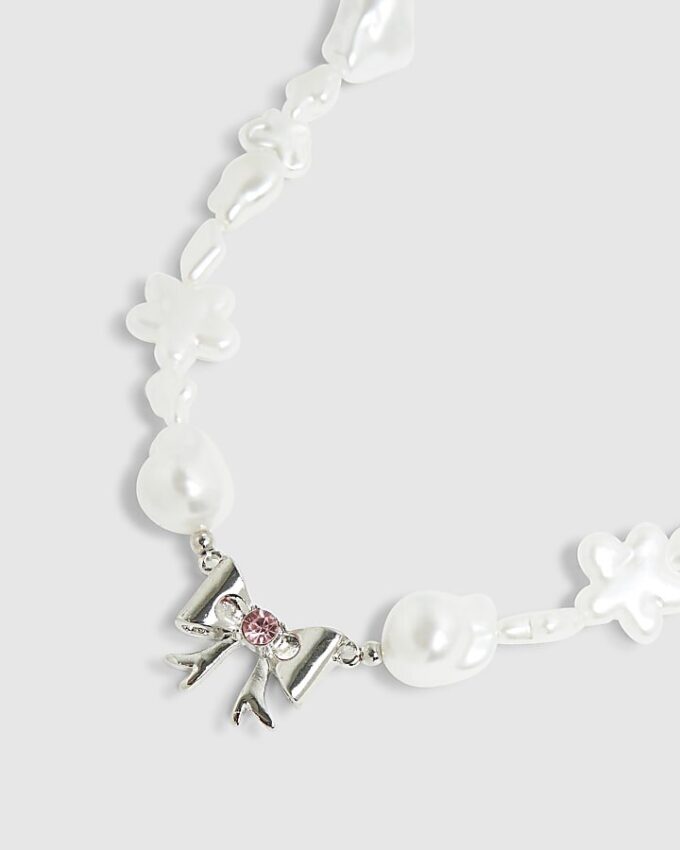 Girls White Pearl And Bow Necklace