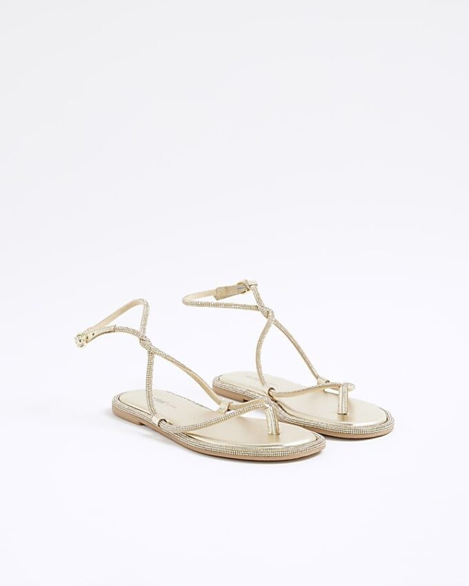 Gold Embellished Twist Strappy Sandals