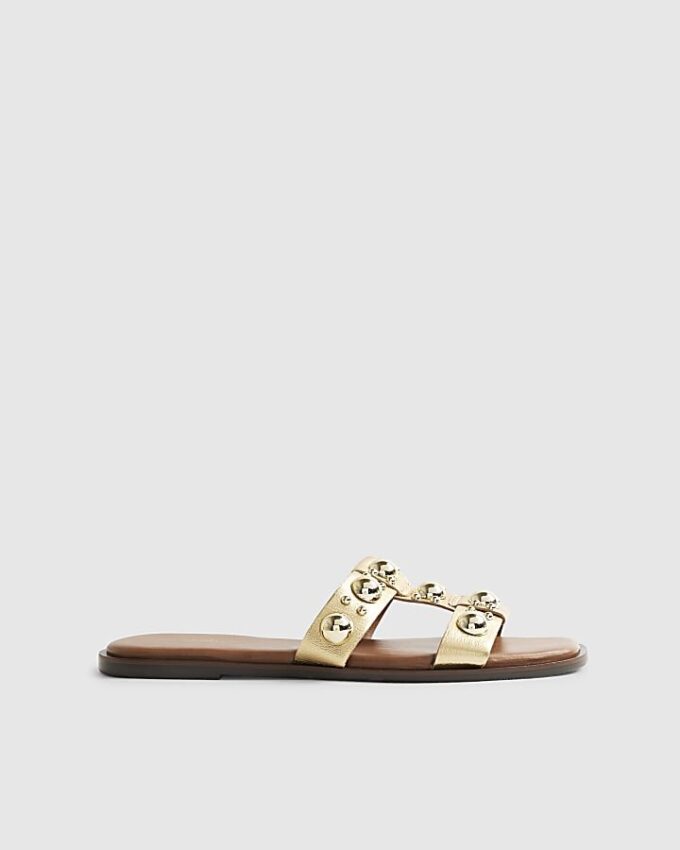 Gold Leather Studded Flat Sandals