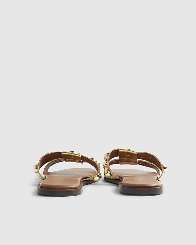 Gold Leather Studded Flat Sandals