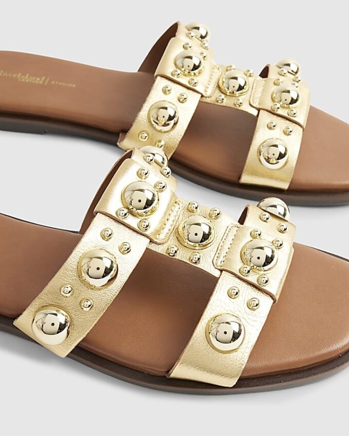 Gold Leather Studded Flat Sandals