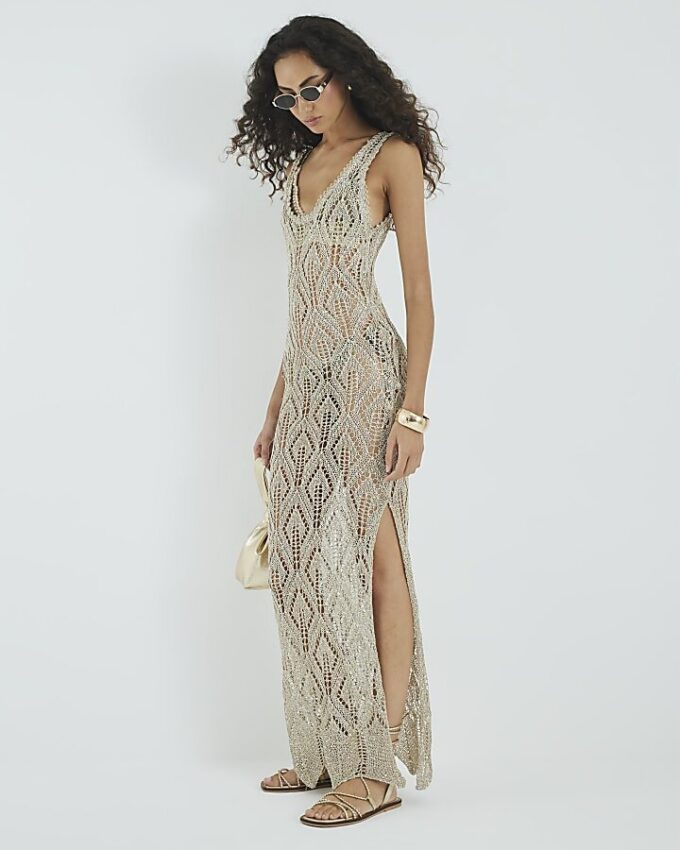 Gold Metallic Knit Maxi Dress