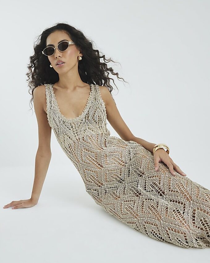 Gold Metallic Knit Maxi Dress