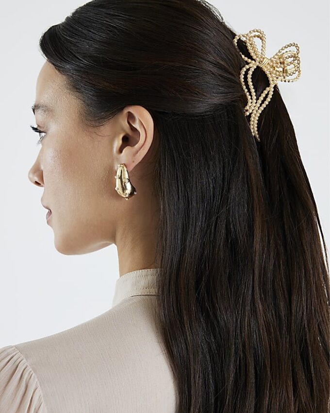 Gold Pearl Bow Claw Hair Clip