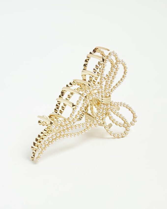 Gold Pearl Bow Claw Hair Clip
