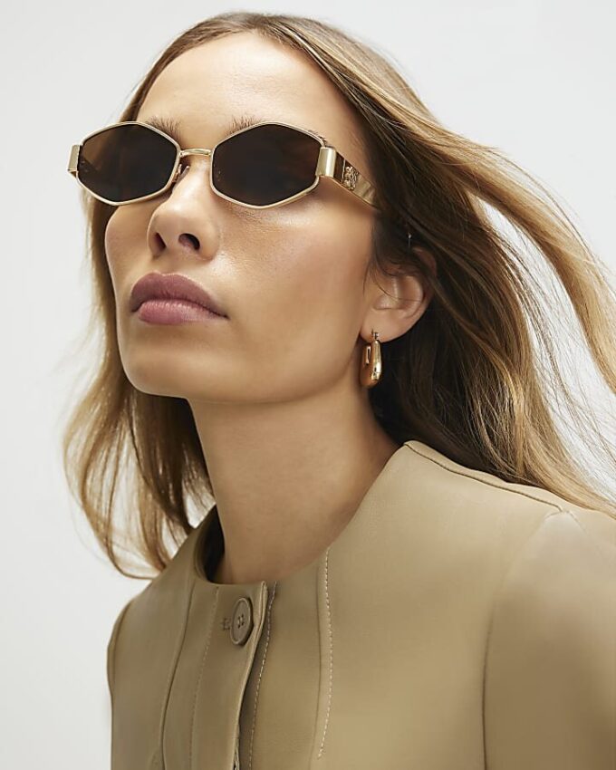 Gold Slim Metal Hexagon Sunglasses